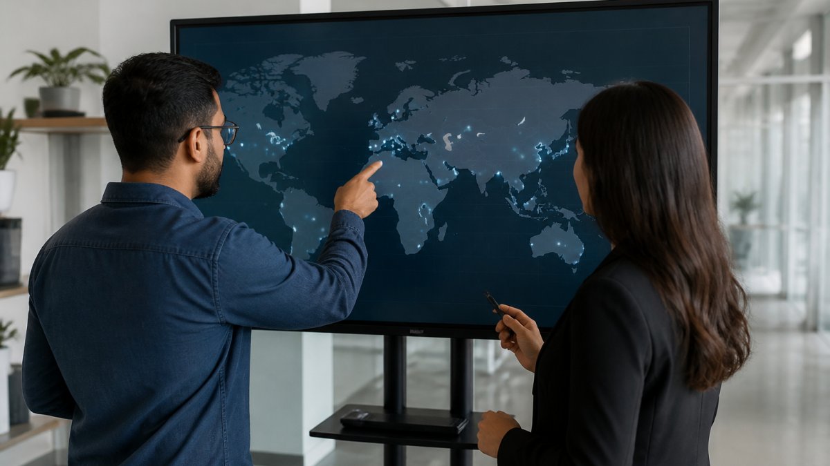 A data engineer and a research operations manager reviewing a distributed database dashboard on a large monitor in a modern office, pointing at regional nodes on screen