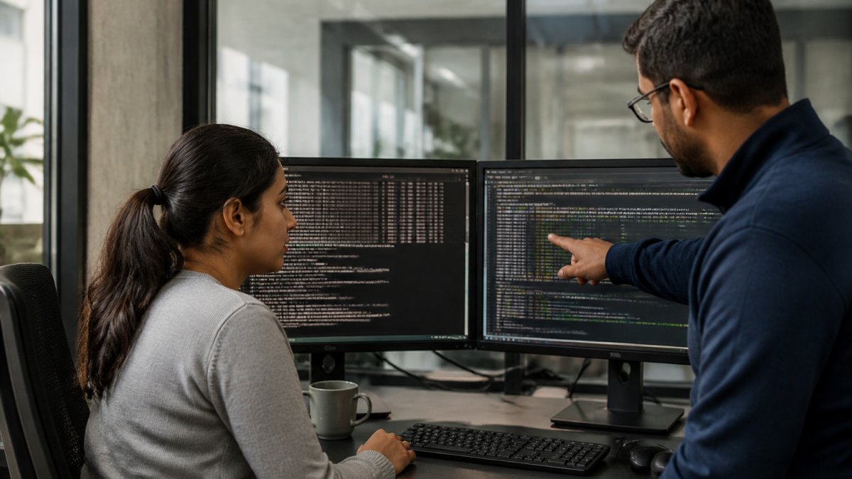 Two data engineers in a modern office reviewing server logs on dual monitors, one pointing at a screen showing regional sync status