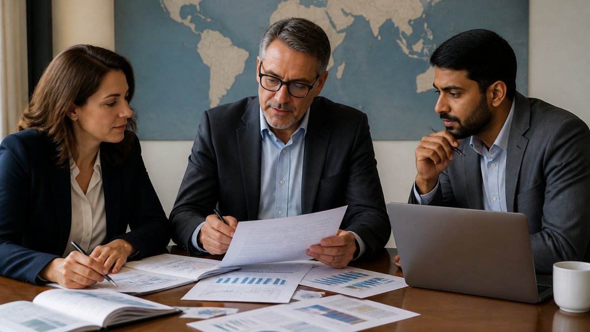 Research team reviewing global market research data at a conference table with a world map background.