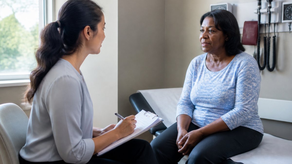 Healthcare professional conducting patient interview in clinical examination room, taking detailed notes while speaking with patient, natural window lighting